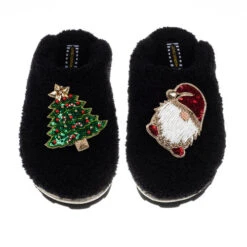 Teddy Closed Toe Slippers With Gonk & Christmas Tree Brooches