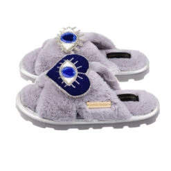 Ultralight Chic Slippers With Double Blue & Silver Eye Brooches