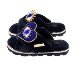 Ultralight Chic Slippers With Double Blue & Gold Eye Brooches