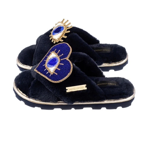 Ultralight Chic Slippers With Double Blue & Gold Eye Brooches
