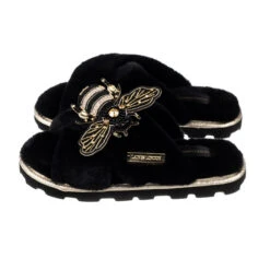 Ultralight Chic Slippers With Black & Gold Bee Brooch