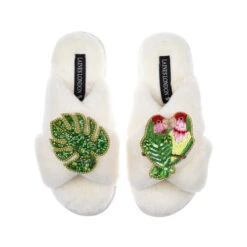 Classic Laines Slippers With Palm Leaf & Lovebirds Brooches