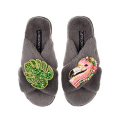 Classic Laines Slippers With Palm Leaf & Flamingo Brooches