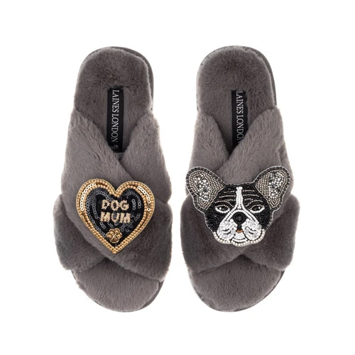Classic Laines Slippers With Coco The Frenchie & Dog Mum Brooches - Image 3