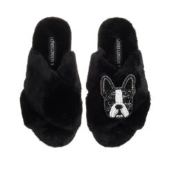 Classic Laines Slippers With Buddy The Boston Terrier Brooch