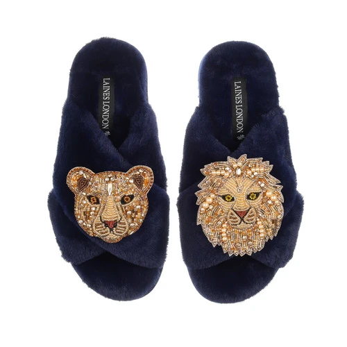 Classic Laines Slippers With Gold Lioness & Lion Brooches - Image 2