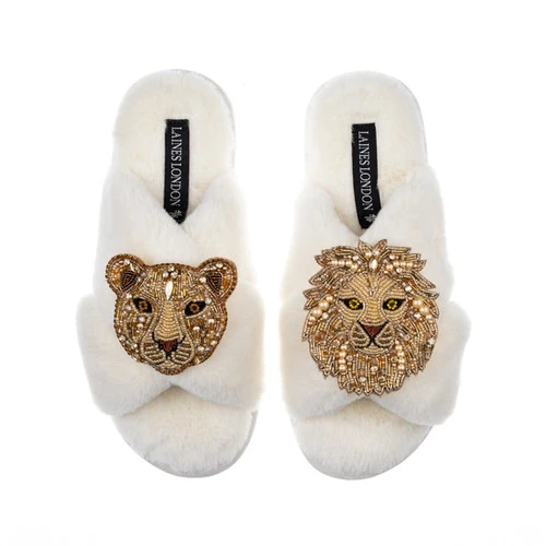 Classic Laines Slippers With Gold Lioness & Lion Brooches - Image 3