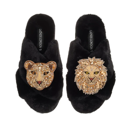 Classic Laines Slippers With Gold Lioness & Lion Brooches - Image 4