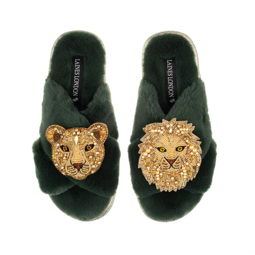 Classic Laines Slippers With Gold Lioness & Lion Brooches - Image 5