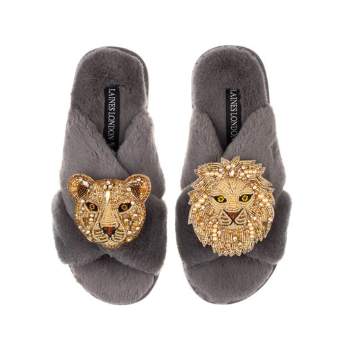 Classic Laines Slippers With Gold Lioness & Lion Brooches - Image 7