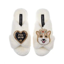 Classic Laines Slippers With Sandy The Corgi & Dog Mum Brooches