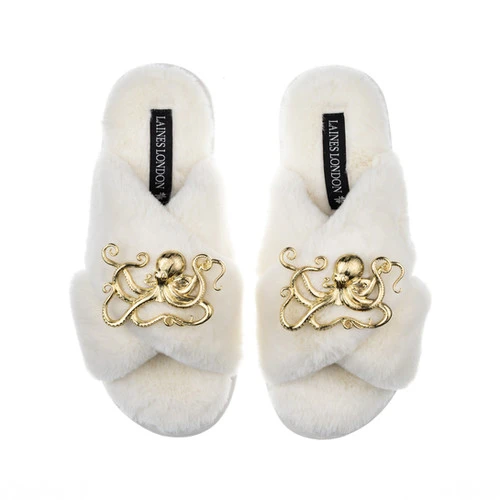 Classic Laines Slippers With Gold Metal Octopus Brooches