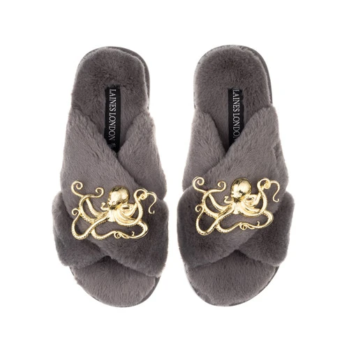Classic Laines Slippers With Gold Metal Octopus Brooches - Image 4