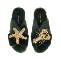 Classic Laines Slippers With Gold Lobster & Starfish Brooches