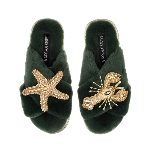 Classic Laines Slippers With Gold Lobster & Starfish Brooches