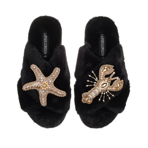 Classic Laines Slippers With Gold Lobster & Starfish Brooches - Image 2