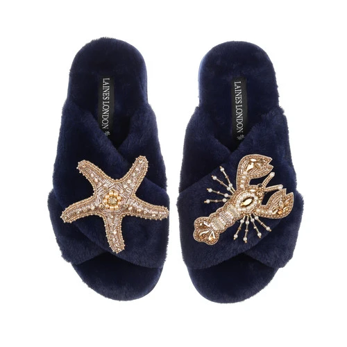Classic Laines Slippers With Gold Lobster & Starfish Brooches - Image 5