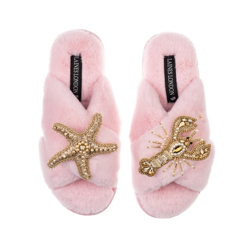 Classic Laines Slippers With Gold Lobster & Starfish Brooches - Image 6