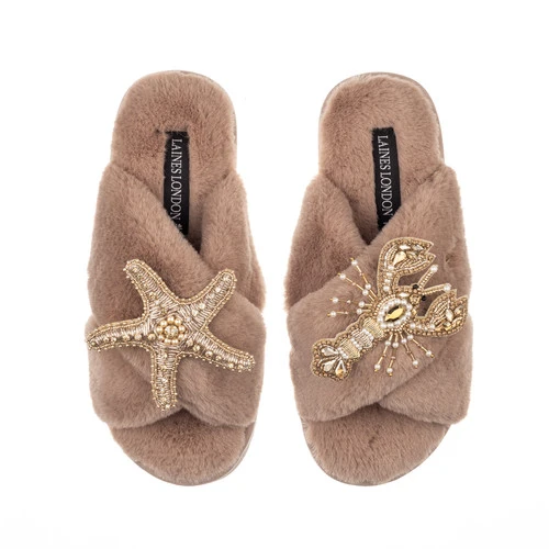 Classic Laines Slippers With Gold Lobster & Starfish Brooches - Image 7
