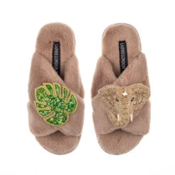 Classic Laines Slippers With Palm Leaf & Gold Elephant Brooches