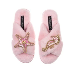 Classic Laines Slippers With Pink & Gold Seahorse & Starfish Brooches