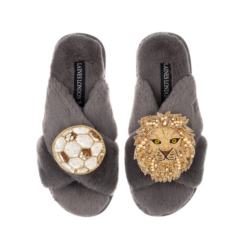 Classic Laines Slippers With Football & Lion Brooches