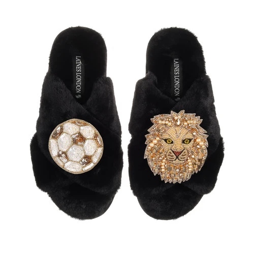 Classic Laines Slippers With Football & Lion Brooches - Image 2