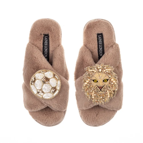 Classic Laines Slippers With Football & Lion Brooches - Image 6