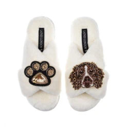 Classic Laines Slippers With Duke The Brown & White Spaniel & Paw Brooches