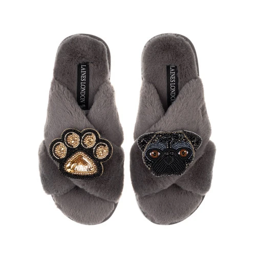 Classic Laines Slippers With Snoopy The Pug & Paw Brooches - Image 2