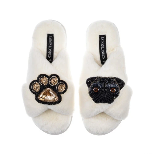Classic Laines Slippers With Snoopy The Pug & Paw Brooches - Image 3