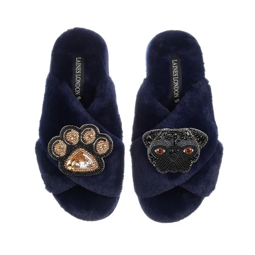 Classic Laines Slippers With Snoopy The Pug & Paw Brooches - Image 4