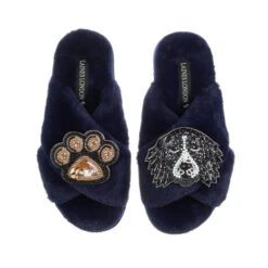 Classic Laines Slippers With Bentley The Black & White Spaniel & Paw Brooches