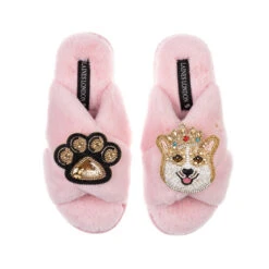 Classic Laines Slippers With Sandy The Corgi & Paw Brooches