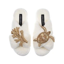 Classic Laines Slippers With Gold Turtle & Coral Brooches