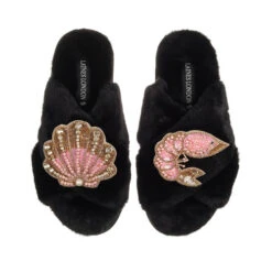 Classic Laines Slippers With Pink & Gold Prawn & Shell Brooches
