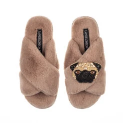 Classic Laines Slippers With Franki The Pug Brooch