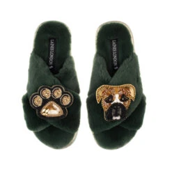 Classic Laines Slippers With Pip The Boxer & Paw Brooches