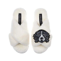 Classic Laines Slippers With Bentley The Black & White Spaniel Brooch