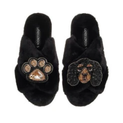 Classic Laines Slippers With Louie The King Charles & Paw Brooches