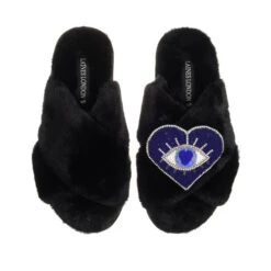 Classic Laines Slippers With Blue & Silver Heart Eye Brooch