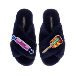 Classic Laines Slippers With Parma Violet & Drumstick Brooches