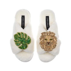Classic Laines Slippers With Palm Leaf & Gold Lion Brooches