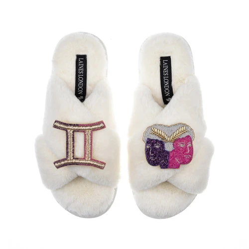 Classic Laines Slippers With Gemini Star Sign Brooches