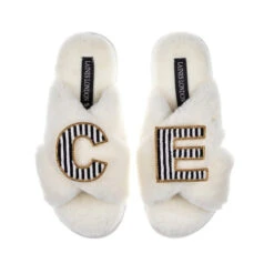 Classic Laines Slippers With Black & White Stripe Double Initial Brooches