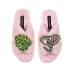 Classic Laines Slippers With Palm Leaf & Silver Elephant Brooches