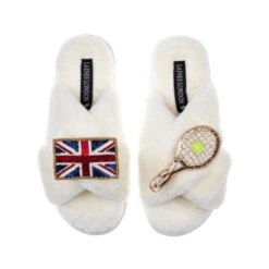 Classic Laines Slippers With Union Jack Flag & Tennis Brooches