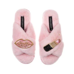 Classic Laines Slippers With Pink & Gold Pucker Up Brooches